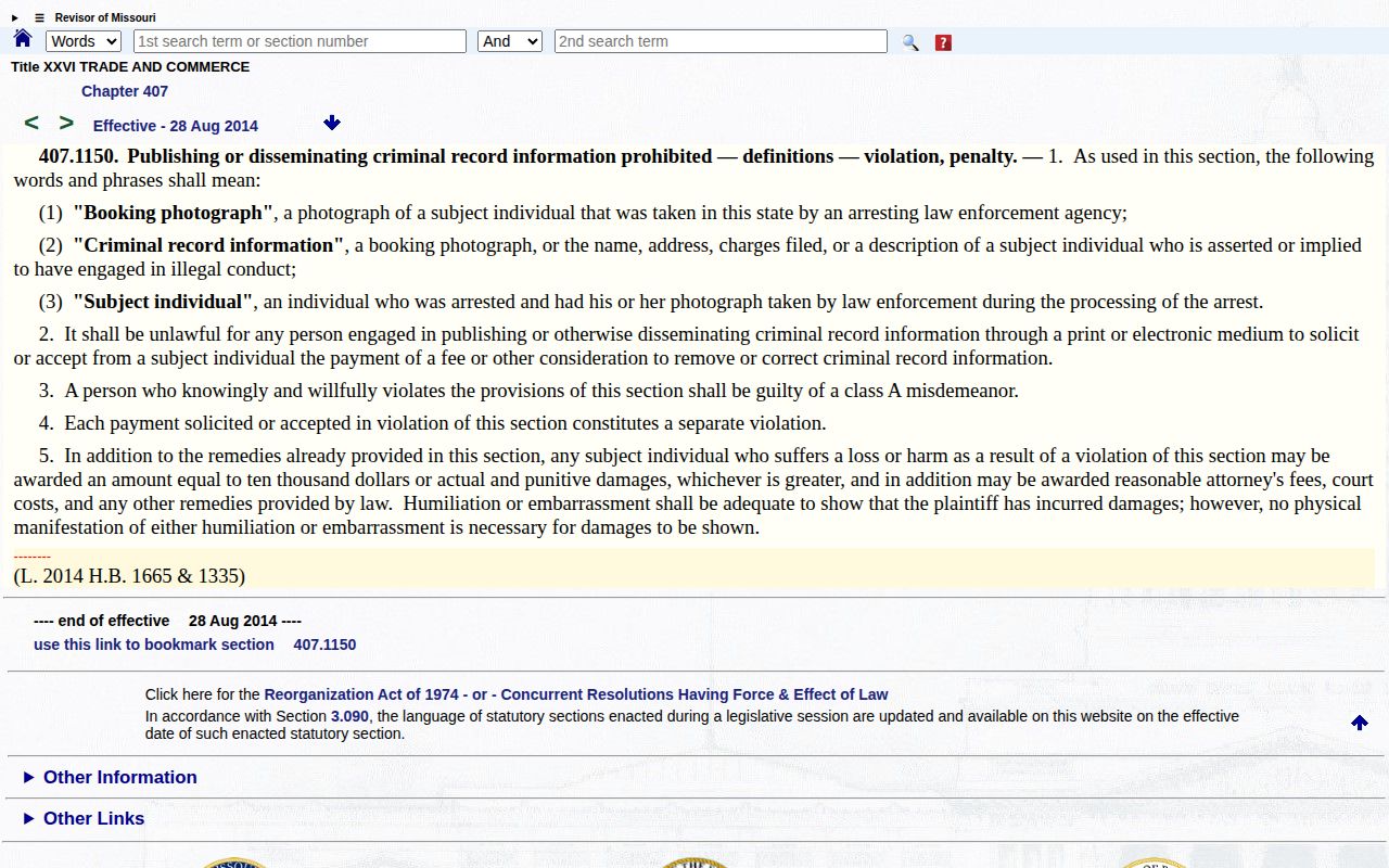 Montgomery County booking-record law source for Missouri mugshot publication rules